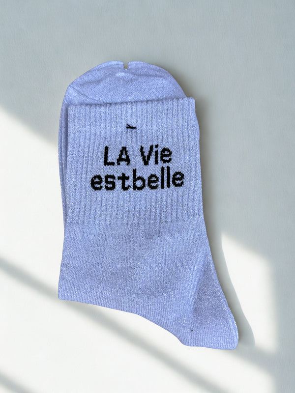 Chaussettes "La vie est belle" blanches pailletées