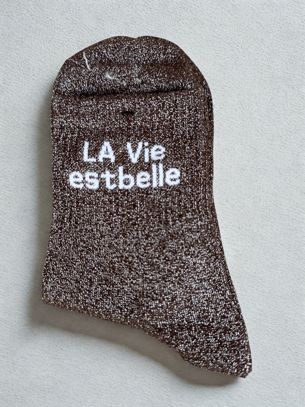 Chaussettes "La vie est belle" chocolat pailletées