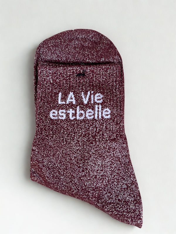 Chaussettes "La vie est belle" bordeaux pailletées