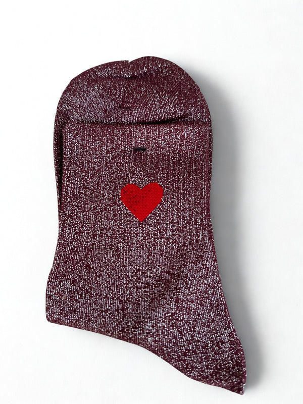 Chaussettes bordeaux pailletées "cœur"