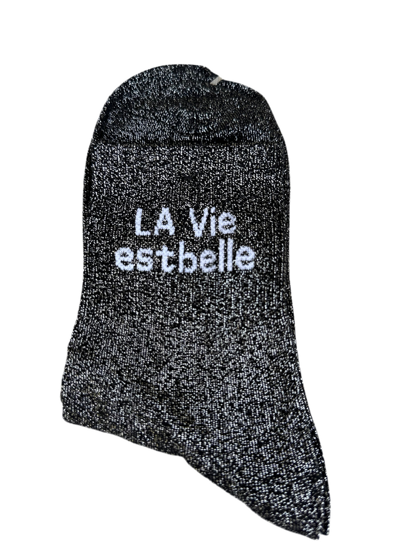 Chaussettes "La vie est belle" noires pailletées