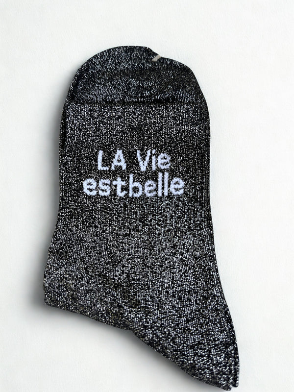 Chaussettes "La vie est belle" noires pailletées