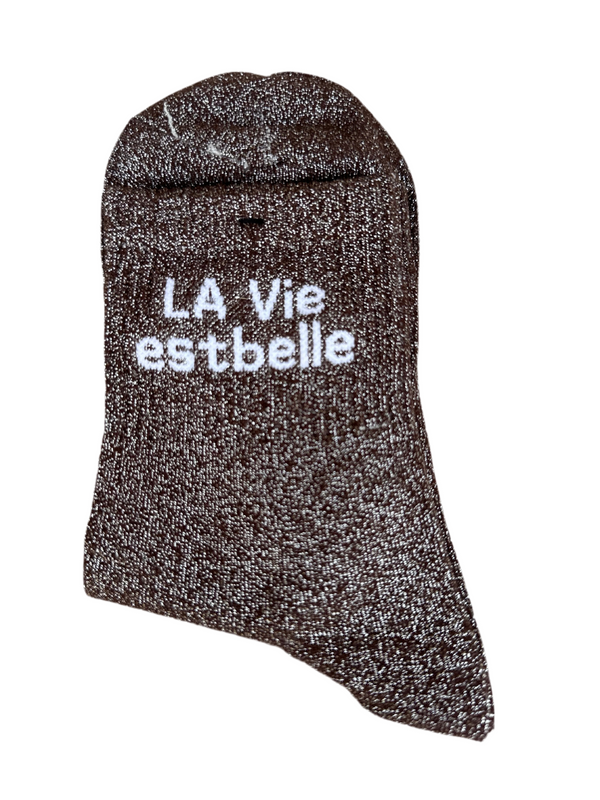 Chaussettes "La vie est belle" chocolat pailletées