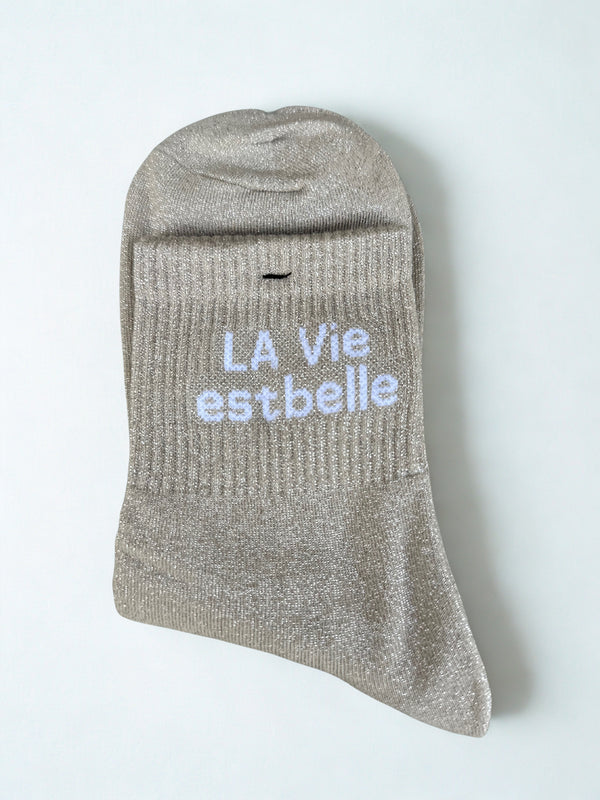 Chaussettes "La vie est belle" beiges pailletées