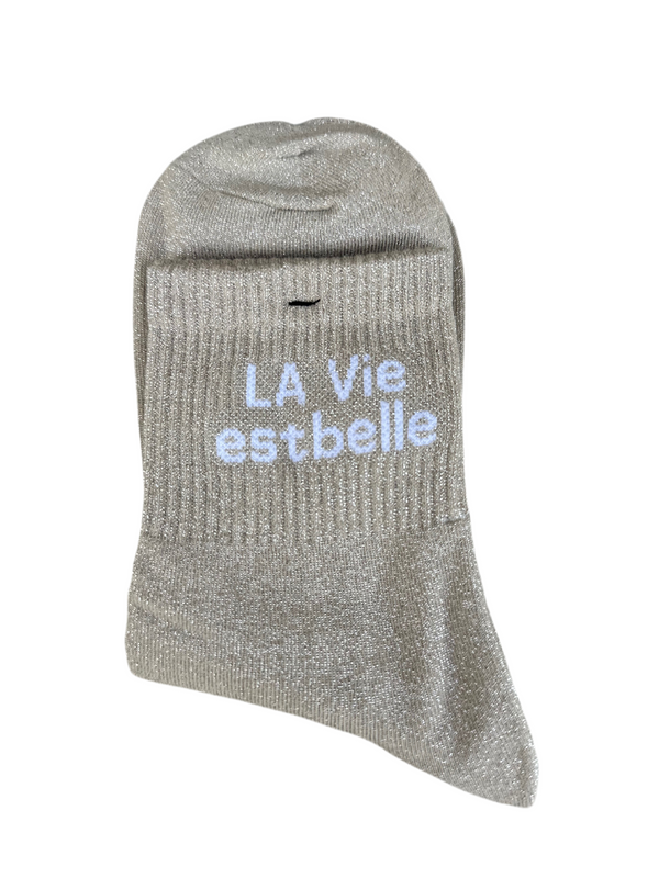 Chaussettes "La vie est belle" beiges pailletées