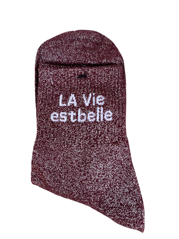 Chaussettes "La vie est belle" bordeaux pailletées