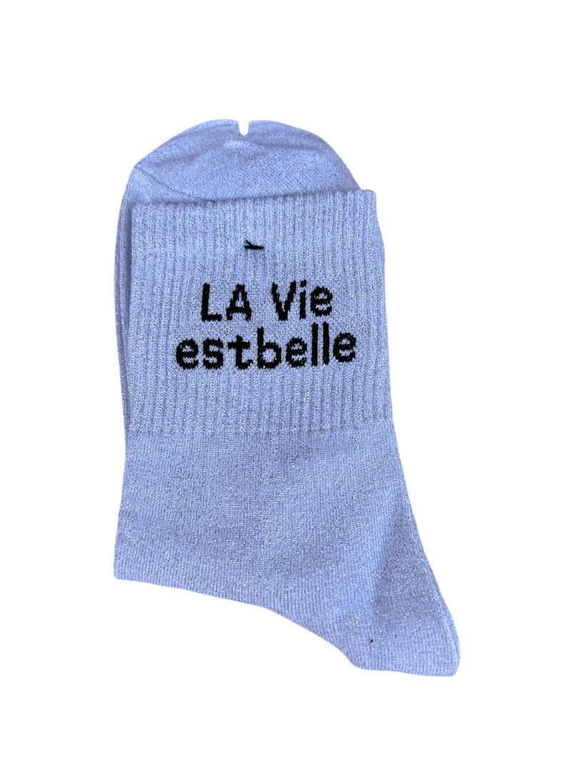 Chaussettes "La vie est belle" blanches pailletées